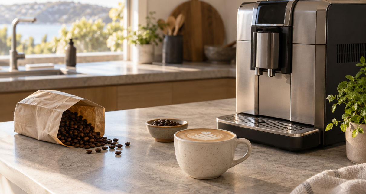 Home coffee machine beside cups and supplies