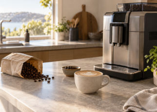 Home coffee machine beside cups and supplies
