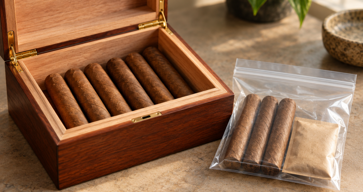 Cigars in a wooden humidor beside a sealed storage bag