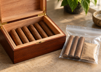 Cigars in a wooden humidor beside a sealed storage bag