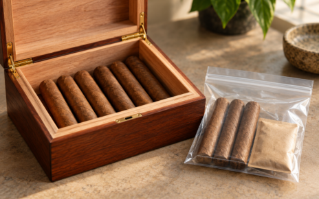 Cigars in a wooden humidor beside a sealed storage bag