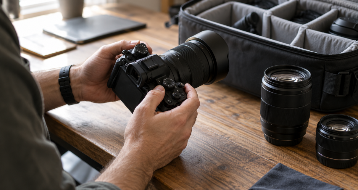 Photographer checking equipment before a shoot