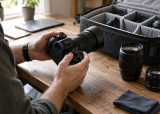 Photographer checking equipment before a shoot