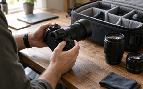 Photographer checking equipment before a shoot