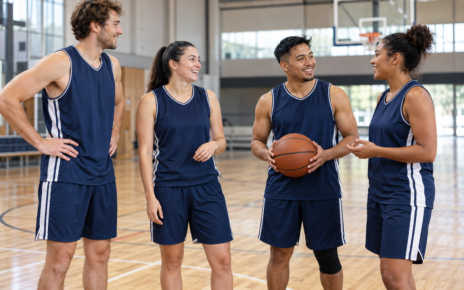 Basketball teammates in matching navy kit on court